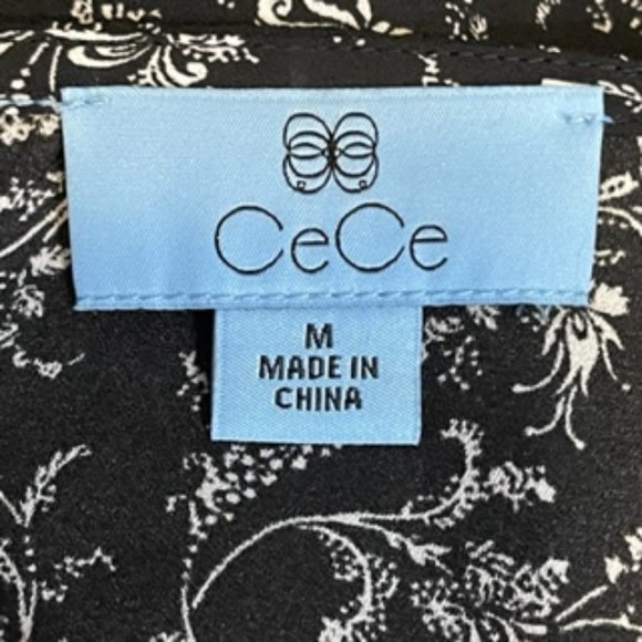 CeCe Black and White Floral Blouse with Runched Sleeves Size M - Picture 5 of 9